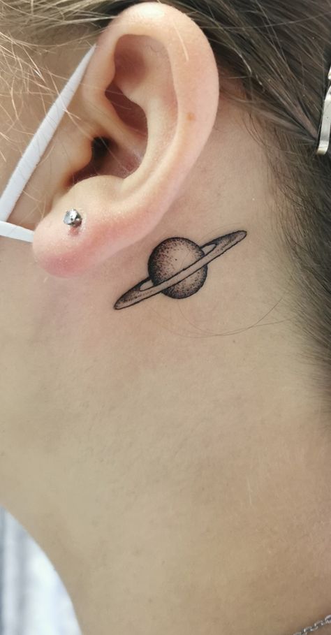 Saturn And Jupiter Tattoo, Saturn Tattoo Behind Ear, Rocket Ship Tattoo, Positive Tattoos, Spaceship Tattoo, Artist Space, Planet Tattoo, Space Tattoos, Saturn Tattoo