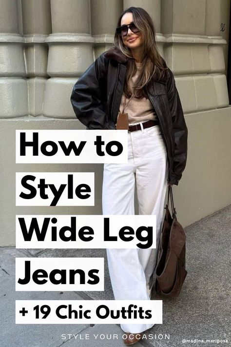 Wide leg jeans are one of my favorite women’s fashion trends for 2025, and in this post, I’m sharing my top tips on how to style wide leg jeans for women! These chic and casual wide leg jeans outfit ideas are perfect for fall, winter, work or casual. Whether you’re looking for high rise, black, high waisted, or white wide leg pants outfit ideas, I’ve got you covered. Women’s jeans outfit ideas, baggy jeans outfits women, women's denim outfits Wide Leg Pants And Jacket, Loose Jeans Women Outfit, Fashion Jeans Outfit Women, Baggy Jeans High Waisted, Wide Leg Jeans With Sweater Outfit, Chic Wide Leg Jeans Outfit, Wide Leg Jeans And Combat Boots, Wide Dark Blue Jeans Outfit, Wide Leg Pants Doc Martens Outfit