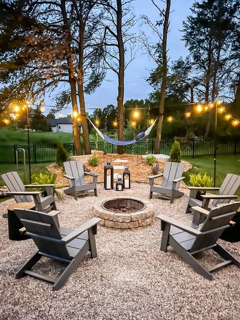 Backyard With A Lot Of Trees, Back Porch Dinner Party, Swingset Remodel, Outdoor Dining Ideas, Entertaining Patio, Outdoor Fire Pit Area, Outdoor Fire Pit Designs, Fire Pit Landscaping, Dining Ideas