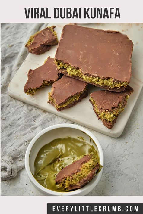 The most delicious viral Dubai chocolate, this chocolate kunafa has taken the world by storm for good reason! Just 4 ingredients and you get this crunchy pistachio filled chocolate, made so easy with a loaf pan, no mold needed! #pistachio #kunafa #chocolate #viralrecipes #dubai #dubaichocolate #chocoaltebar #chocolatebark Pistachio Kunafa, Kunafa Chocolate, Pistachio Spread, Chocolate Smores, Dubai Chocolate, Chocolate Bar Recipe, Crumb Recipe, Dessert Truffles, Breakfast Sides