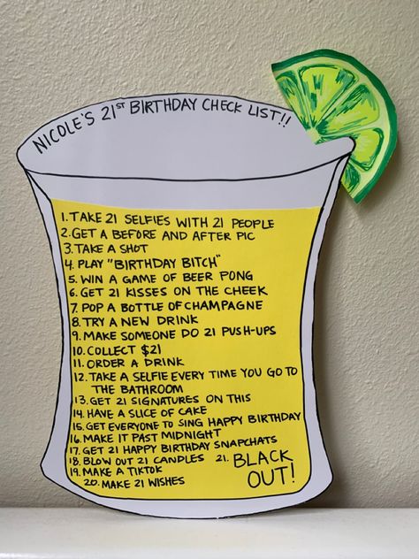 Birthday Checklist 21, 21st Birthday To Do List, 21st Birthday Preparation Checklist, 21st Birthday Checklist Ideas, 21st Birthday Bar Crawl Sign, 21s Birthday Ideas, 21 Birthday Game Ideas, Sign Night 21st Birthday List, 21st Birthday Must Haves