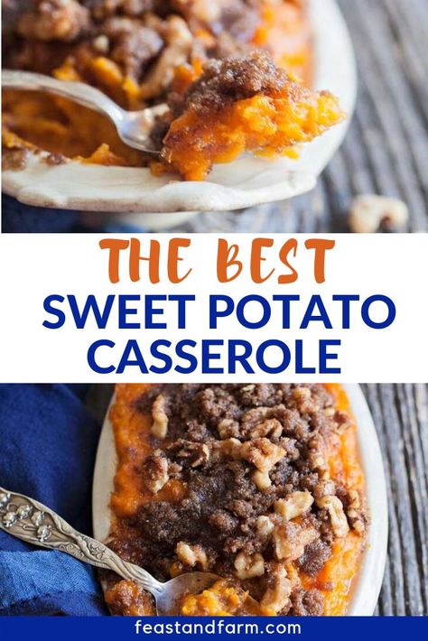 Warm, hearty and covered in a crispy, sugary crumble topping, this easy mashed sweet potato casserole doesn’t need any marshmallows to make it better. It’s a true classic all on its own. This version is also a bit healthier but doesn’t taste like it one bit! Add this easy side dish to your holiday menu planning.#sweetpotatocasserole #easysweetpotatocasserole #healthysweetpotatocasserole #southernsweetpotatocasserole #thanksgivingsweetpotatocasserole #holidaymenurecipes #FeastandFarm Mashed Sweet Potato Casserole, Homemade Hashbrown Recipes, Easy Mashed Sweet Potatoes, Gnocchi Recipes Homemade, Sweet Potato Casserole Healthy, Mashed Sweet Potato, Real Food Dinner, Sweet Potato Casserole Easy, Mashed Potato Casserole