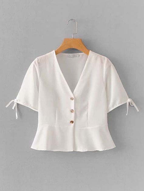 Button Front Pep Hem Blouse | SHEIN Ruffle Hem Blouse, Diy Vetement, Fashion Tops Blouse, Hem Blouse, Blouse Online, Crop Blouse, White Blouse, Fashion Tops, Ruffle Hem