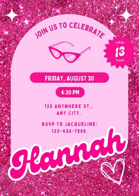 Barbie Birthday Invitation, Digital Template Download. Canva template. Printable design. #canvacreator #canvacreators #canva #canvatemplate #template #Customizable #personalized #freeprintable #printable #templatefree #canvadesign #barbie #card #invite #invitation #birthday #templates #free #girly #girl #pink #glitter #barbiethemovie #cine #feminine #glitter #fuchsia #brightness #background #party #ideas Free Barbie Birthday Invitation Templates, Canva Birthday Card Ideas, Barbie Theme Invitation Template, Barbie Flyer Design, Barbie Party Invitations Template, Barbie Cards Birthday, Barbie Invitation Template Free Printable, Barbie Birthday Invitations Template, Barbie Birthday Invitations Free