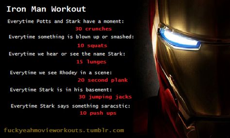 Iron Man work out Iron Man Workout, Disney Movie Workouts, Tv Workout, Tv Show Workouts, Movie Workouts, Tv Workouts, Superhero Workout, Iron Man Movie, 30 Day Workout Challenge