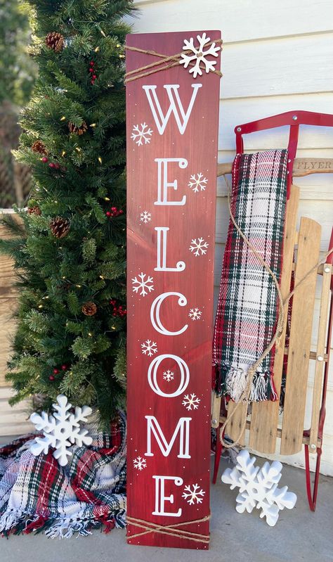 LED Lighted Snowflake Welcome Sign Winter Porch Sign Light - Etsy Front Porch Signs Wooden Diy Winter, Christmas Welcome Signs Diy, Winter Front Porch Sign, Diy Porch Signs Christmas, Christmas Outdoor Signs Porch Ideas, Welcome Leaner Signs, Christmas Porch Signs Diy, Winter Porch Signs Diy, Holiday Welcome Signs