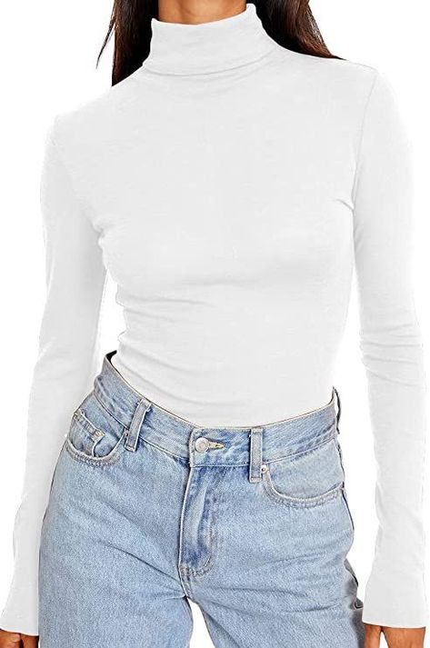 Trendy Queen Women's Turtleneck Long Sleeve Shirts Basic Layering Slim Fit Soft Thermal Underwear Tops is available in a variety of colours and works perfect to wear for itself or you might want to use it and put a t-shirt or other shirt on top of it. Comfy Long Sleeve Shirts, Lace Sleeve Shirt, Turtleneck Fashion, Women Fall Tops, High Neck Shirts, Turtleneck Long Sleeve, Womens Turtleneck, High Neck Long Sleeve, Winter Tops