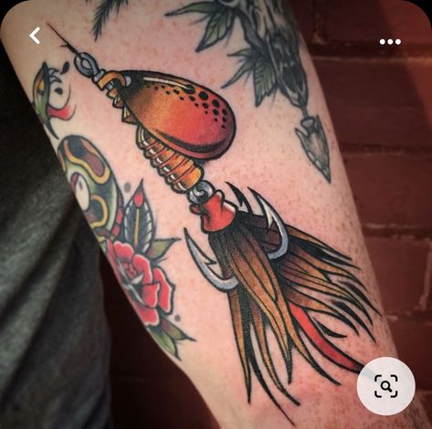 American Traditional Fishing Lure Tattoo, American Traditional Bass Tattoo, Traditional Fishing Lure Tattoo, Fishing Traditional Tattoo, Narrow Traditional Tattoo, American Traditional Fishing Tattoo, Fishing Tattoos Men, Fishing Lure Tattoo For Men, Color American Traditional Tattoos