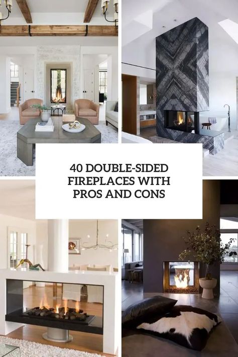 double sided fireplaces with pros and cons cover Double Sided Gas Fireplace Ideas, Two Sided Fireplace Ideas, Separate Open Floor Plan, Double Sided Fireplace Ideas, Double Sided Electric Fireplace, Living Room Zones, Double Sided Gas Fireplace, Double Fireplace, Fireplace Backsplash