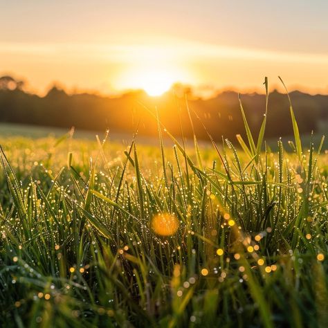 Sunrise Dew Glisten: Early morning sunrise casts a golden glow over dew-covered grass, signaling a new day. #sunrise #morning #dew #grass #nature #light #dawn #gold #aiart #aiphoto #stockcake https://ayr.app/l/ajn5 Nature Stock Photos, Soft Sunlight Aesthetic, Morning Dew Aesthetic, Morning Sunrise Aesthetic, Early Morning Aesthetic, Ipad Inspiration, Morning Background, Grass Aesthetic, Dawn Aesthetic