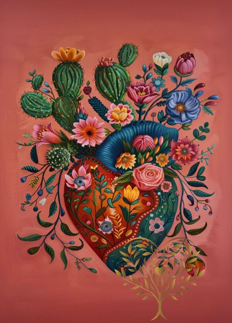 Mexico Wall Art, Mexican Art, Blooming Heart Wall Art, Corazon Mexicano Art, Mexico Oil Painting - Etsy Sacred Heart Artwork, Mexican Art Mural, Purepecha Art, Mexican Sacred Heart Art, Mexican Paintings Ideas, Mexican Street Art, Mexican Art Painting, Latina Art, Mexican Heart