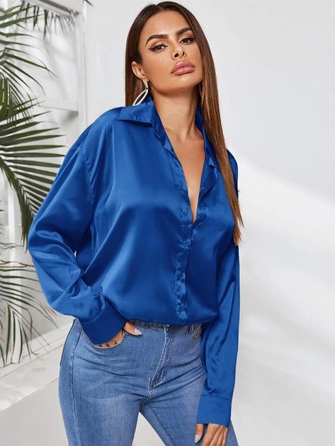 Felegant Satin High Low Drop Shoulder Blouse | SHEIN USA Satin Button Down Shirt Outfit, Blue Blouse Outfit, Satin Shirt Outfit, Satin Blouse Outfit, Satin Button Down Shirt, Satin Shirts, Frilly Blouse, Stylish Women Fashion, Weekly Outfits