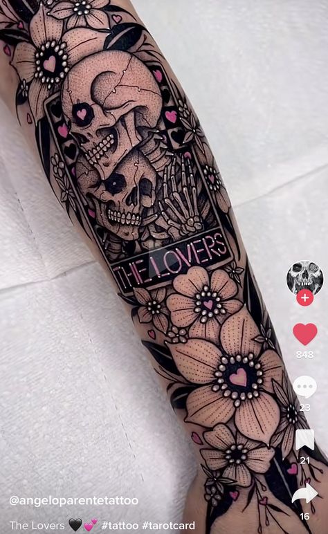 Halloween Tattoos Sleeve, 2023 Tattoo, Feminine Skull Tattoos, Arm Sleeve Tattoos For Women, Catrina Tattoo, Lovers Card, Tarot Tattoo, Tarot Card Tattoo, Skull Sleeve Tattoos