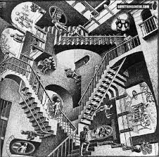 MC Escher's Stairs (now with portals) | Thinking With Portals | Know Your Meme Mc Escher Stairs, Mc Escher Relativity, Escher Relativity, M C Escher, Large Framed Wall Art, Contemporary Art Canvas, Mc Escher, Black And White Wall Art, Op Art