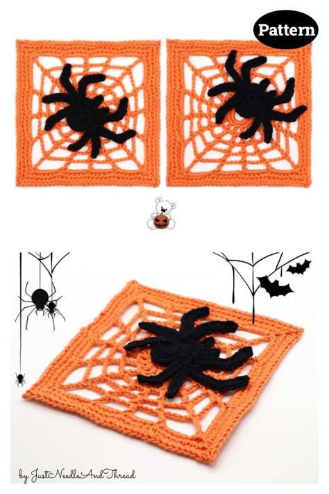 Spider Web Granny Square Pattern, Spiderweb Granny Square Pattern, Crochet Mini Spider, Halloween Crochet Squares, Spiderweb Granny Square, Spider Web Granny Square, Spider Granny Square, Bat Granny Square, Square Motif Crochet Pattern