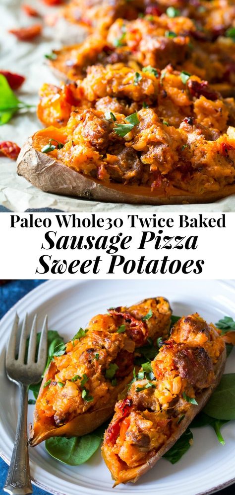 These are the ultimate Paleo and Whole30 Twice Baked Sweet Potatoes! With an addicting filling that tastes just like sausage pizza, they’re a great weeknight dinner (perfect for meal prep!) healthy, filling, and kid friendly. #whole30 #paleo #cleaneating Paleo Finger Foods, Paleo Ideas, Paleo Dinners, Stuffed Potatoes, Twice Baked Sweet Potatoes, Office Board, Whole 30 Meal Plan, Baked Sweet Potatoes, 30 Challenge