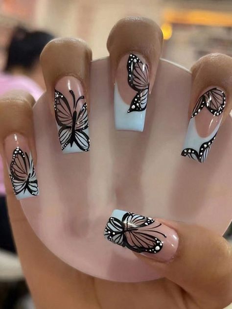 Blue Prom Nails, Prom Nails Red, Butterfly Nail Designs, Nail Art Set, Butterfly Nail, Pink Acrylic Nails, Prom Nails, Tattoos Ideas, Rhinestone Designs