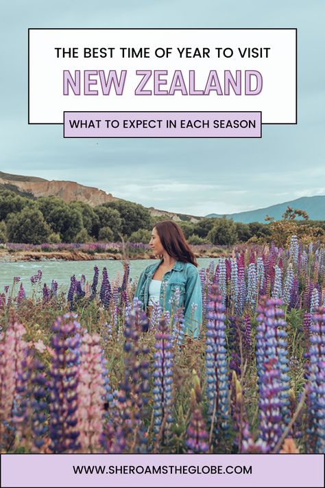 A girl standing in the middle of a field of pink and purple lupins. There is a turquoise river flowing behind her and mountains. New Zealand South Island in spring New Zealand In March, New Zealand Outfits Spring, Martinborough New Zealand, New Zealand In February, Spring In New Zealand, Travel New Zealand, New Zealand And Australia Trip, New Zealand Spring Packing List, New Zealand Spring