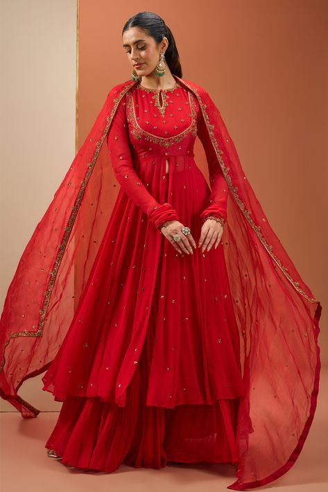 Red koti-neck-style georgette anarkali with an embroidered neckline paired with a sharara and an organza dupatta Georgette Dresses For Women, Anarkali Sharara Suits, Anarkali For Wedding Guest, Engagement Anarkali Suits, Semi Traditional Outfits For Women, Red Traditional Outfit, Sharara Designs Pakistani Dresses, Anarkali Dress For Wedding Guest, Indian Dresses To Wear To A Wedding As A Guest