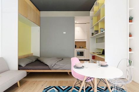 The Best Micro Apartments In The World Reveal Their Clever Interior Designs Apartemen Studio, Mini Apartments, Small Apartment Bedrooms, Moving Walls, Modern Rustic Living Room, Micro Apartment, Murphy Bed Plans, Transforming Furniture, Tiny Apartments