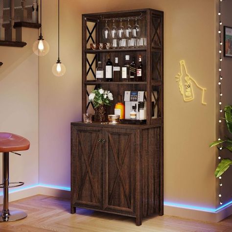 6-Tier Wood Farmhouse Bar Cabinet Kitchen Pantry with Wine Glasses Hanging Rack in Brown Kitchen Cabinet Coffee Bar, Farmhouse Kitchen Cabinet, Tall Bar Cabinet, Cabinet Coffee Bar, Buffet Kitchen, Open Storage Shelves, Wine Bar Cabinet, Bar Shelf, Farmhouse Kitchen Cabinets