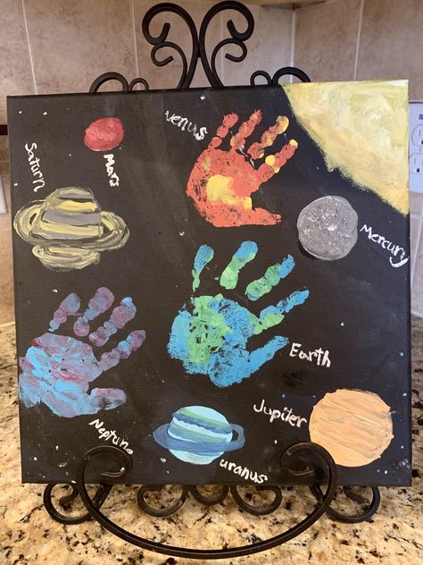 Handprint space solar system Space Crafts For Kids Preschool, Crafts For Kids Preschool, Outer Space Crafts, Planets Activities, Space Art Projects, Space Theme Preschool, Planet Crafts, Space Activities For Kids, Space Preschool