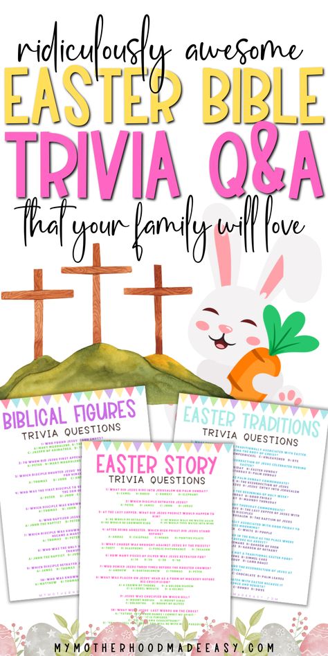 Looking for Easter Bible Trivia Questions (with answers)? Well, you’re in luck! Keep reading to see our fun easter bible trivia game (questions and answers) that is the perfect fun activity for Easter celebrations. Also, don’t forget to grab a FREE copy of our Easter Bible Trivia Questions Printable (PDF format) at the end of this blog post! Easter Questions And Answers, Easter Trivia For Kids, Easter Trivia Questions And Answers, Easter Bible Trivia, Bible Trivia Questions And Answers, Bible Trivia Questions, Easter Trivia, Bible Trivia Games, Free Easter Coloring Pages