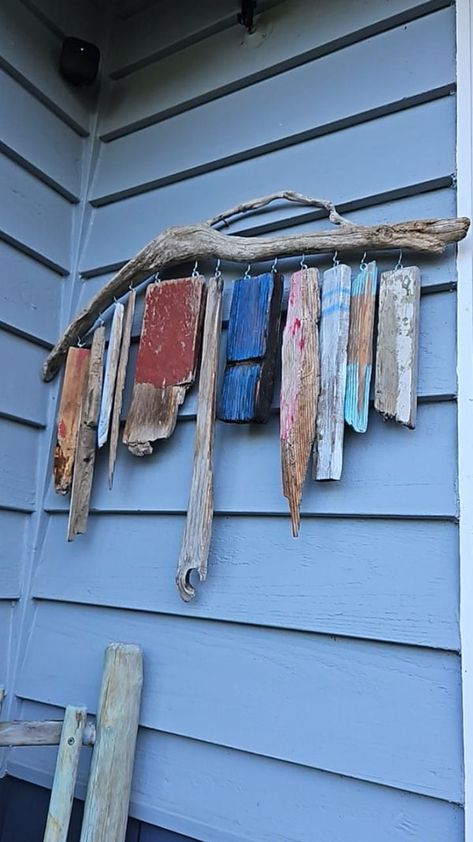 Driftwood Enthusiasts Worldwide | My driftwood "American flag" with found painted pieces of wood, and a wonderful balast piece I found | Facebook Driftwood Painting Technique, Painting Driftwood, Driftwood Signs Painted, Driftwood Painting, Ovrrdizrd Driftwood Art, Driftwood Shelf, Beach Wood Signs Driftwood, Driftwood Signs, Driftwood Mobile