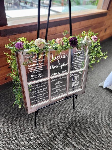 Window pane wedding program, floor easel from Home Goods Window Pane Welcome Sign Wedding, Wedding Sign Easel Diy, Windows For Wedding Decor, Wedding Old Window Ideas, Window Frame Wedding Decor, Wedding Window Pane Ideas, Window Pane Wedding Decor, Window Wedding Sign, Wedding Window Display