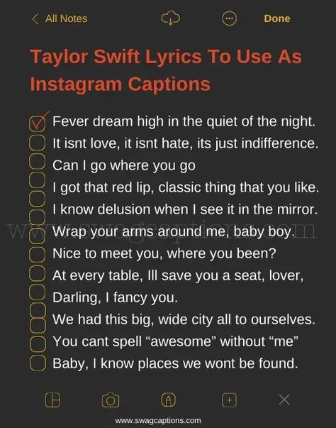 Instagram Notes Ideas Song Lyrics, Taylor Swift Spring Captions, Taylor Swift Hoco Captions, Taylor Swift Lyrics For Instagram Bio, Private Story Names Taylor Swift, Instagram Captions Taylor Swift Lyrics, Taylor Swift Friendship Lyrics, Taylor Swift Captions Instagram, Taylor Swift Lyrics Captions