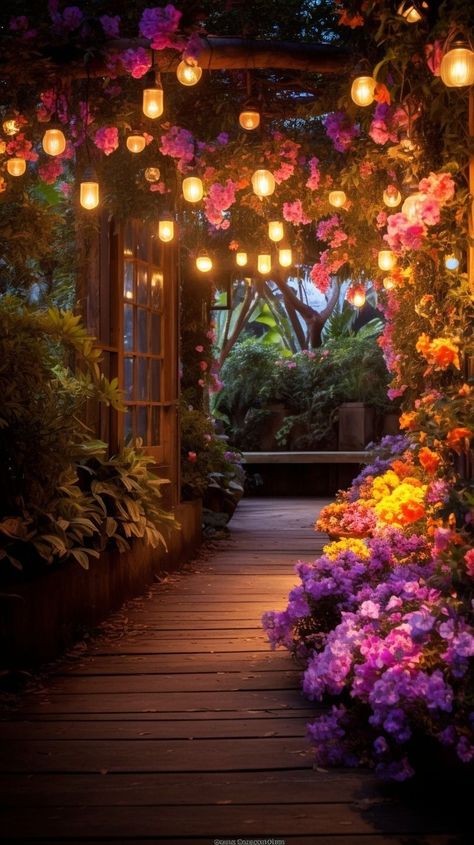 Patio Lights Wallpaper, Backyard With Fairy Lights, Fairy Lights Garden, Garden Escape, Walkway Lighting, Artsy Background, Outdoor Fairy Lights, Budget Garden, Framed Photo Collage