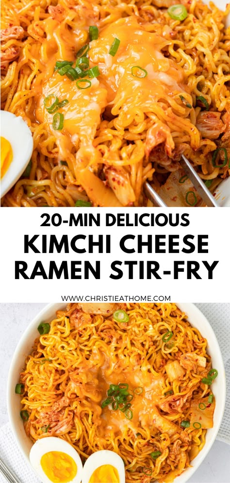 Kimchi Cheese Ramen Stir-Fry, noodles, noodle, noodle stir fry, ramen stir fry, ramen, kimchi ramen, kimchi cheese ramen Cheesy Kimchi Noodles, Kimchi With Ramen, Kimchi With Noodles, Ramen And Cheese, Kimchi And Ramen, Recipes With Kimchi In It, Korean Noodles With Cheese, Kimchi Noodles Stir Fry, Creamy Kimchi Pasta