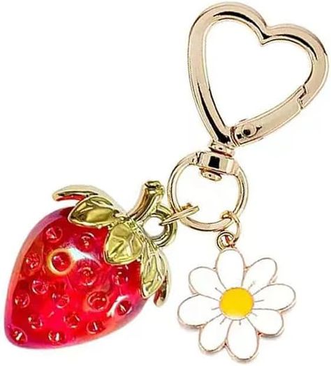 BIIQAKOO Cute Cherry Keychain Rhinestone Bag Charm Strawberry Keychain for Women Handbags Accessorie Great for Gifts at Amazon Women’s Clothing store Strawberry Keychain, Kawaii Heart, Chains Accessories, Daisy Bags, Strawberry Charm, Backpack Keychains, Heart Flower, Purse Gift, Girls Purse