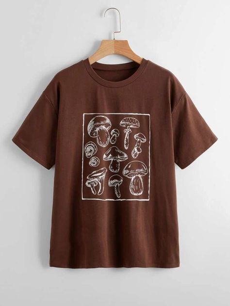 Oversized Tee Outfit, Mushroom Print, Brown Tshirt, Women T Shirts, Teenage Fashion Outfits, Shein Style, Dream Clothes, Women Tops, Outfits Aesthetic