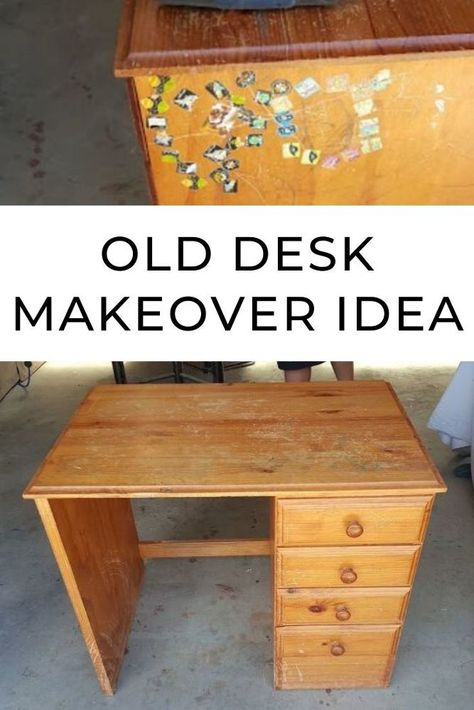 Upcycle Desk Diy Projects, Desk Revamp Diy, Old Wooden Desk Makeover, Upcycle Desk Ideas, Kids Desk Refinishing Ideas, Desk Repurpose Ideas, Old Desk Repurpose, Refurbished Desk Ideas, Wooden Desk Makeover