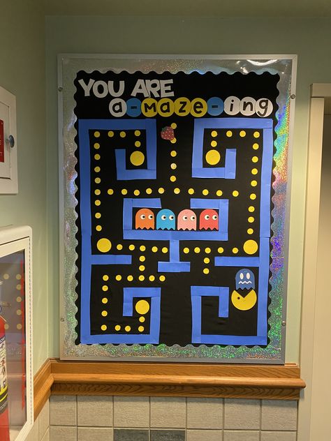 Pacman Bulletin Board Ideas, Pacman Bulletin Board, Interactive Board Ideas, Pac Man Bulletin Board Ideas, Pac Man Bulletin Board, Board Game Bulletin Boards, Level Up School Theme, Level Up Bulletin Board Ideas, Pacman Aesthetic