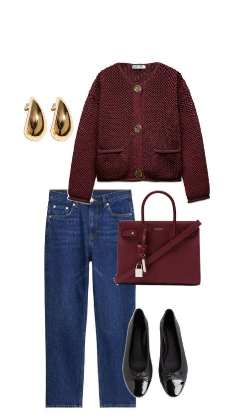 Burgundy fall outfit inspo Burgundy Jeans Outfit, Burgundy Jacket Outfit, 20’s Style, Burgundy Outfit, Jumper Outfit, Fall Capsule Wardrobe, Sporty Outfits, Outfit Inspo Fall, Modern Outfits