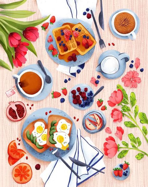 Breakfast Table Illustration, Brunch Illustration Design, Food Illustrations Design, Breakfast Drawing Illustration, Brunch Drawing, Brunch Painting, Toast Wallpaper, Brunch Illustration, Breakfast Drawing