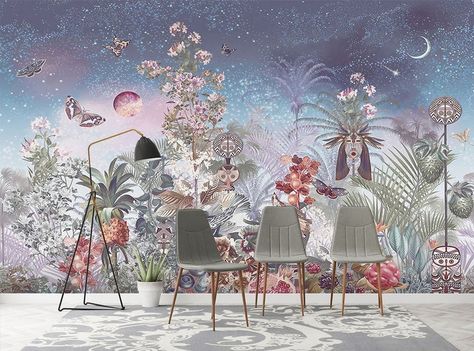 Jungle Birds Forest Blue Wallpaper MuralSelf-Adhesive Peel | Etsy Tapestry Wallpaper, Mystic Garden, Jungle Birds, Solar Flower, Flower Mural, Flower Tapestry, Photo Mural, Forest Wall, Under The Moon