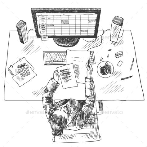 Accountant work place tools with woman sitting on table top view sketch vector illustration.Editable EPS and Render in JPG format Person Sitting At Desk Drawing, Person Sitting At Desk Drawing Reference, View Sketch, Table Sketch, Storyboard Drawing, Drawing Desk, Table Top View, Bullet Journal Mood Tracker Ideas, Person Drawing