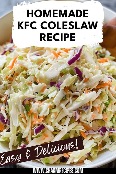 Discover how to recreate KFC coleslaw at home with this straightforward recipe. This delectable side dish brings a refreshing crunch to your plate, making it a perfect complement to pizza, fried chicken, or pulled pork. Using fresh ingredients like crisp cabbage and shredded carrots, along with a tangy dressing, you’ll achieve a creamy and flavorful coleslaw just like KFC. Easy to prepare, this coleslaw enhances meals and adds a zesty flair. Ideal for barbecues, family gatherings, or cozy dinners at home. Kfc Vegetable Salad, Coleslaw Kfc Copycat Slaw Recipes, Cole Slaw Kfc, Kfc Salad Recipe, Coleslaw Bag Ideas, Easy Homemade Coleslaw, Coleslaw Recipe For Chicken Sandwich, Kfc Copycat Coleslaw, Quick And Easy Coleslaw Recipe