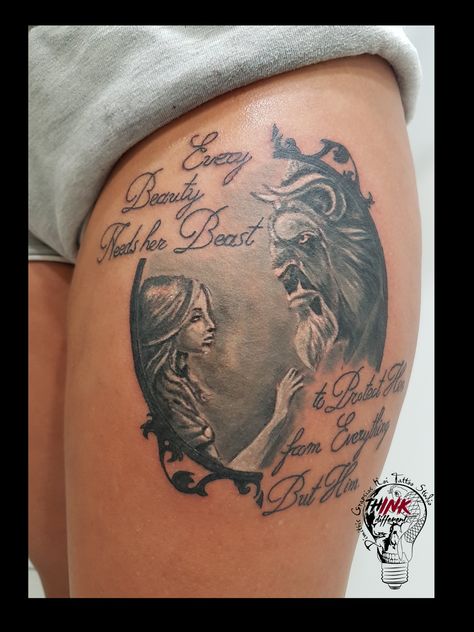 Beauty And The Beast Half Sleeve Tattoo, Beauty The Beast Tattoos, Beauty And The Beast Tattoo Ideas, His Beauty Her Beast Tattoo, Beauty And Beast Tattoo, Beauty And The Beast Tattoos, Genie Tattoo, Scratch Tattoo, The Beast Tattoo