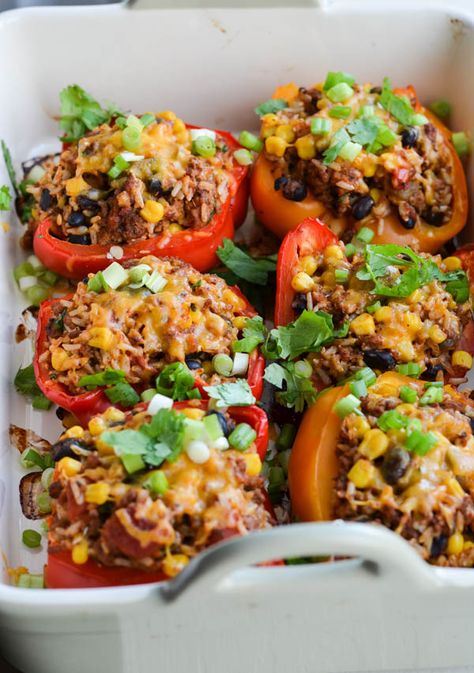 SOUTHWEST STUFFED PEPPERS – Rachel Schultz Southwest Stuffed Peppers, Advocare Recipes, Healthy Meals To Cook, Peppers Recipes, Bell Peppers, Turkey Recipes, Healthy Cooking, Gourmet Recipes, Cilantro