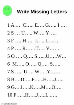 Write missing lettersLanguage: EnglishGrade/level: Grade 1School subject: English as a Second Language (ESL)Main content: The alphabetOther contents: Starting Letter Worksheet, Grade 1 Alphabet Worksheets, Alphabet Words Worksheet, Alphabet Worksheets For Grade 1, Missing Alphabets Worksheet, Alphabates Letters, English Alphabet Worksheets, Alphabet Exercise, English Worksheets For Grade 1