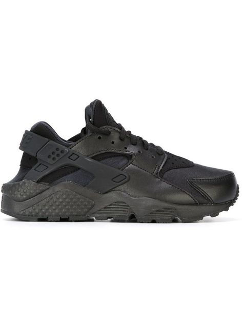 Sneakers Nike Black, Zapatillas Air, Black Leather Trainers, Black Lace Shoes, Black Lace Up Shoes, Shoes Sneakers Black, Round Toe Sneakers, Huarache Run, Black Leather Sneakers