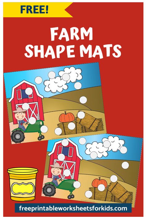 This farm-themed printable activity will help your child learn shapes and develop fine motor skills. It can be used with playdough, pom poms, dot markers etc. #freeprintableworksheetsforkids #fall #autumn #farm #animal #shape #color #pompoms #math Farm Math Activities, Colorful Activities, Farm Math, Printable Worksheets For Kids, Learn Shapes, Farm Activities, Farm Fun, Kids Worksheets Printables, Kool Kids