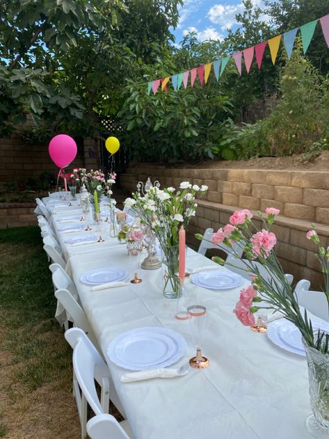 Aesthetic Grad Party, Mirrorball Party, Grad Party Aesthetic, Pink Graduation Party, 18th Birthday Party Themes, Spring Birthday Party, Picnic Spread, Backyard Birthday Parties, Happy Birthday Decor