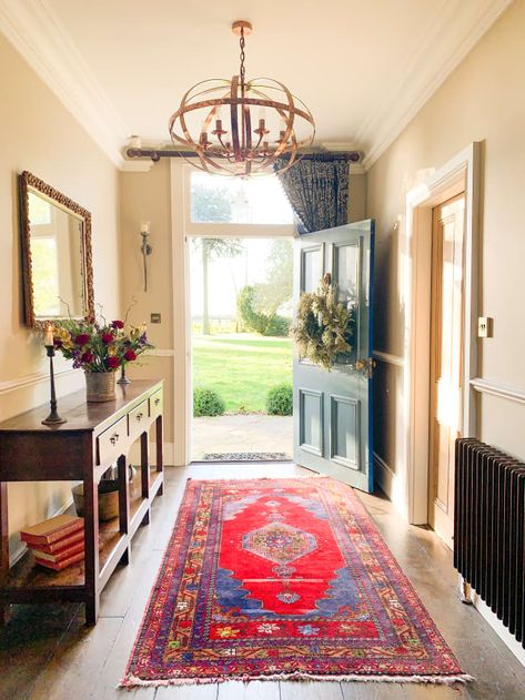 Historic Home Interiors, Entryway Style, Hall Runner Rugs, Red Farmhouse, Narrow Hallway Decorating, Red Runner, Runner Rug Entryway, Red Runner Rug, Edwardian House