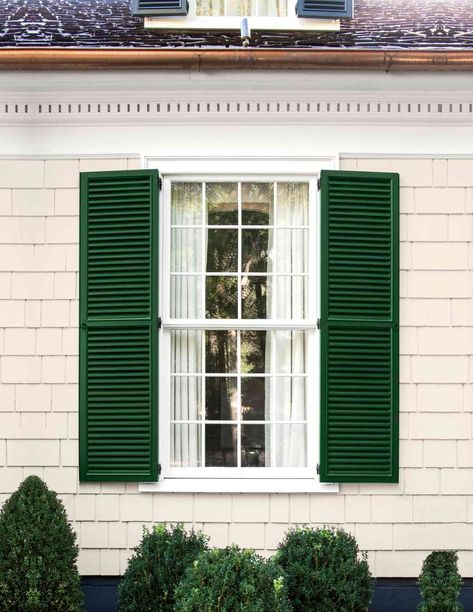 Painted shutters are an easy way to boost curb appeal and add a fun pop of color to your home!  #Lenoreinar #realestate #realtor #nwa #nwarealestate #conciergerealtynwa Green Shutters White House, White House Green Trim, Shutter Paint Colors, Painted Shutters, Window Shutters Exterior, Shutter Colors, Painting Shutters, Green Shutters, Painted Brick House