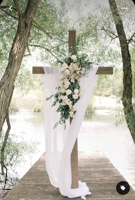 Modern Romantic Wedding Ceremony Decor, Outdoor Wedding Cross Backdrop, Cross Center Piece Wedding, Cross Wedding Arbor, Alter Decor Wedding, Wedding Cross Altar Outdoor Ceremony, Decorated Cross For Wedding, Alter Ideas For Wedding, Wedding Ceremony Cross Backdrop